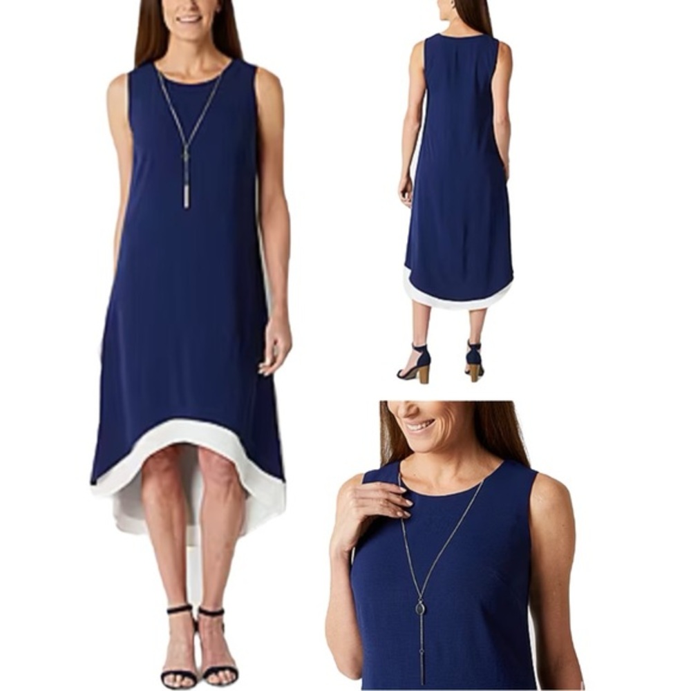 CLEARANCE NWT R&K Navy Blue White Layered Look A-Line Midi Dress High-Low New